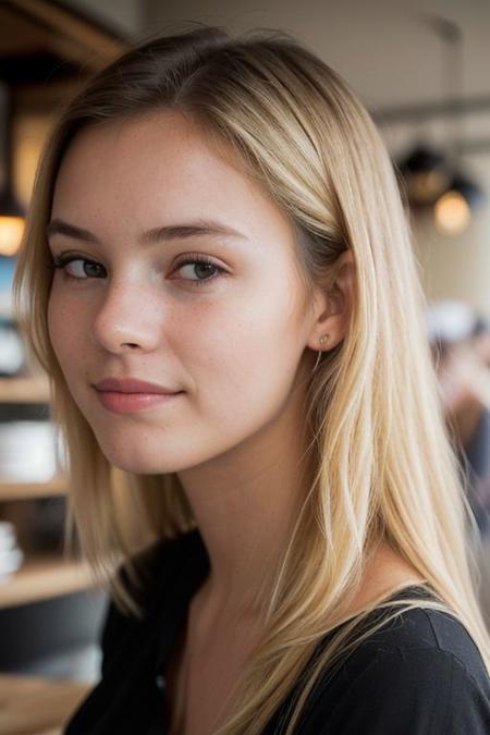 啎䥃佄䔀(1girls, a photo of pretty student girl), age 18, (blonde hair), wearing black shirt, shy, nervous, eye contact, looking at another, indoors, inside a cafe shop, (realistic, photorealistic),upper body,(head and shoulders closeup:1.2), detailed face, detailed skin with visible pores, detailed background, ((best quality, masterpiece)),RAW photo,8k,soft lighting,high quality,sharp focus on subject, portrait profile photo