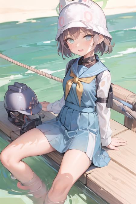 1girl, sorai_saki, halo, helmet, short hair, school uniform, sailor collar, serefuku, yellow neckerchief, blue skirt, (river:1.3) <lora:sorai_saki:0.7>