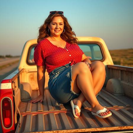 masterpiece portrait of buxom woman sitting in the bed of a pickup truck::1.4, Norman Rockwell style::1.2, Americana realism art::1.1
(physical description: full-bodied, buxom figure with soft curves, mature features, sun-kissed skin:1.1)
(facial features, expression: smiling with a relaxed, confident expression; subtle makeup; shoulder-length wavy hair blowing gently in the breeze:1.0)
(clothing details: red cropped polka dot shirt tied at the waist, cutoff blue jean shorts with frayed edges, white flip flops:1.0)
(accessories: small hoop earrings, sunglasses resting on head, chipped red nail polish:0.9)
(background setting: sitting casually in the open bed of a dusty vintage pickup truck, tailgate down, rural roadside with summer grasses and open sky:0.9)
(lighting style: golden hour sunlight casting warm tones and soft shadows:0.8)
(composition and camera framing: full body shot, slight low angle to emphasize posture and background depth:1.0)
(emotional tone or theme: nostalgic and laid-back summer vibe, rustic charm:0.9)
(technical execution: photorealistic detail with painterly texture and balanced contrast:0.8)