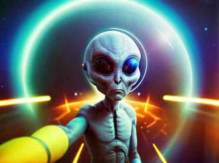 Raw Photo of ETGrey Alien taking a selfie on a sci-fi space ship lounge, colorful, Candid photo, Realme X50 Pro,slow shutter speed,iphone photography, realism, digital, instagood, instagram, highly processed,megapixel <lora:ETGrey-LoRA:0.6>