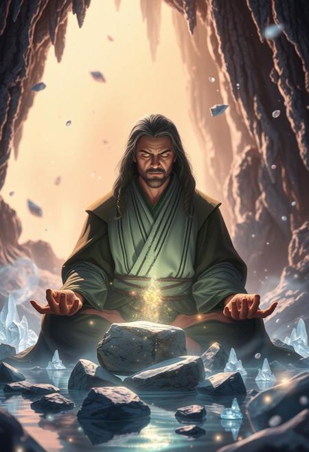 force user, cultivating, midichlorians, mystical energy, glowing particles, (cosmic aura:1.4), intense focus, meditation, floating rocks, (energy field:1.5), intricate details, photorealism, swirling light, (highres:1.3), cinematic lighting, otherworldly, dynamic motion, ethereal glow, crystal cave, (crystalline structures:1.4), reflective surfaces, shimmering crystals, soft ambient light, glowing stalactites, cave walls, mystical atmosphere, (blurry:-1.3), (ugly:-1.3), (lowres:-1.5), (flat:-1.4), (muted colors:-1.6), (cartoon:-1.2), (sketch:-1.2), (anime:-1.3), (text:-1.4), (watermark:-1.5), (cgi:-1.4)