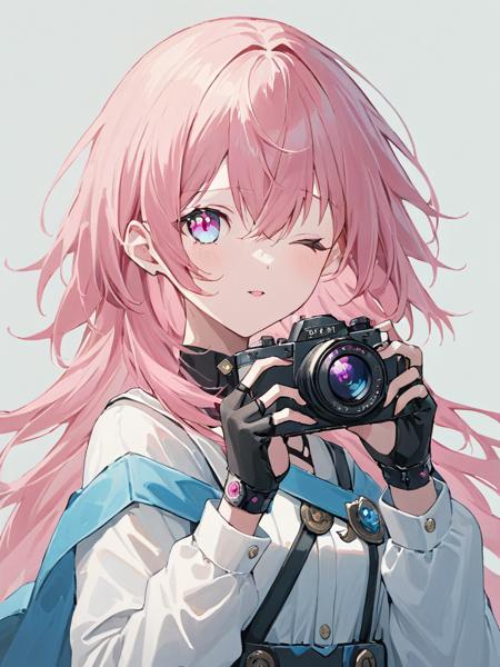 ultra-detailed,(best quality),((masterpiece)),(highres),original,extremely,<lora:Marth7x_xl:1>,sanyueqi,1girl,camera,solo,one eye closed,pink hair,holding camera,looking at viewer,holding,gloves,long sleeves,blue eyes,bangs,shirt,white shirt,black gloves,fingerless gloves,hair between eyes,v,upper body,pink eyes,<lora:match7eyes:1>,