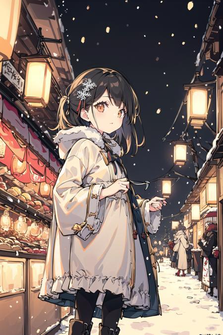 masterpiece, (best quality), (ultra-detailed:1.4), original character, portrait of a young woman standing in a busy winter night market, holding a lantern, wearing a long coat and boots, with fur trim, (colorful stalls and vendors selling wares in the background: 1.05), (flickering lights from the stalls and streetlamps: 1.1), (a few snowflakes falling gently in the air: 1.15), (subtle texture and details on the snow and the girl's clothes: 1.2), (a sense of depth and perspective in the composition: 1.25), sense of hustle and bustle