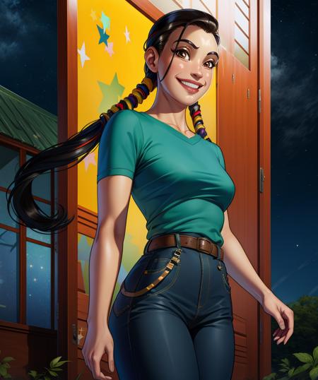 Hay,solo,low twintails,black hair,brown eyes,hair slicked back,
multicolored shirt,
smile,pants,cowboy shot,
standing,
outside,stars,
(insanely detailed, beautiful detailed face, masterpiece, best quality),<lora:HayLin-10W2:0.8>,