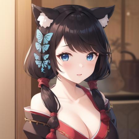 (masterpiece, best quality:1.2),illustration,8k,hd,absurdres,1girl,solo,upper body,(portrait:1.2),fusou (azur lane),animal ears,bangs,bell,black hair,black kimono,blue eyes,butterfly hair ornament,cat ears,cleavage,collarbone,eyebrows visible through hair,hair bow,hair ornament,japanese clothes,jingle bell,large breasts,long hair,low ponytail,obi,ribbon-trimmed clothes,ribbon trim,sash,side ponytail,swept bangs,tassel,white thighhighs,wide sleeves,zettai ryouiki,<lora:Fusou(azur)>,