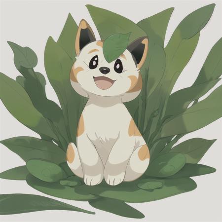 Slight retro color, flat, grainy, riso print style, illustration, cute, white space, low saturation, animal focus, black eyes, full body, grass, green background, happy, leaf, looking at viewer, no humans, open mouth, plant, pokemon \(creature\), smile, solo, standing, solo, looking at viewer, smile, simple background, white background, sitting, closed mouth, full body, black eyes, no humans, animal, leaf, plant, dog, animal focus