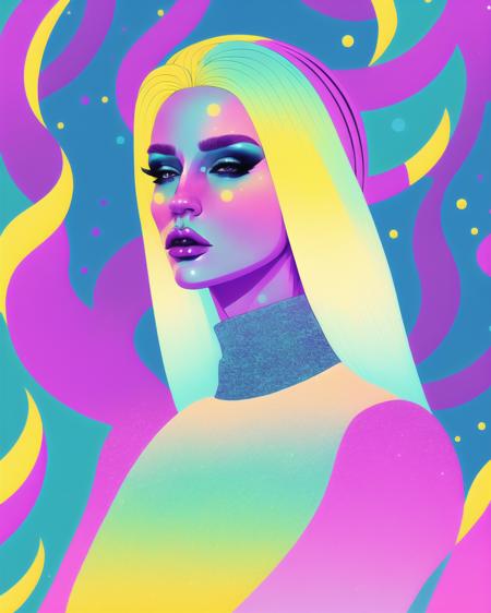 A beautiful blonde female pop artist all pastel sleek futuristic outfit, with huge headpiece center piece, clean makeup, with depth of field, fantastical edgy and regal themed outfit, captured in vivid colors, embodying the essence of fantasy, minimalist, cool palette,  <lora:Graphic_Portrait_SD15:0.7> , Graphic_Portrait