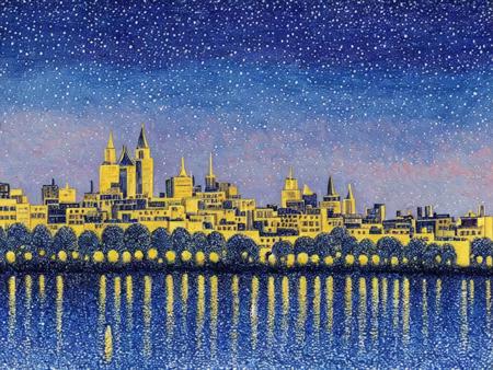 a painting of a starry night with a tree in the foreground and a city in the background with buildings and hills in the foreground, (a pointillism painting)<lora:MINT_ArtistToolLORA_v1:1.0>