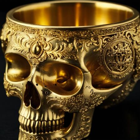 cinematic still Imagine a skull-shaped cup adorned with intricate golden embellishments, Crafted from gleaming gold, ornate engravings cover its surface . emotional, harmonious, vignette, 4k epic detailed, shot on kodak, 35mm photo, sharp focus, high budget, cinemascope, moody, epic, gorgeous, film grain, grainy, Imagine a skull-shaped cup adorned with intricate golden embellishments, Crafted from gleaming gold, ornate engravings cover its surface, vibrant, luxury, dramatic, elaborate, elegant, highly detailed, sharp focus, illuminated, true magic, professional, cinematic, silent, deep, color, determined, extremely aesthetic, grand composition, innocent, symbolic, perfect, light
