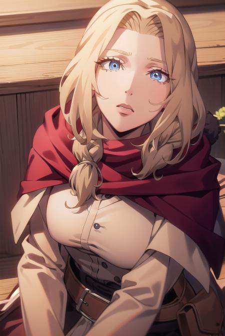 lisa tepes, long hair, blue eyes, blonde hair, hair over shoulder,  dress, red dress, long sleeves, skirt, long skirt, braid, belt, bag, cape, single braid, long sleeves, skirt, 