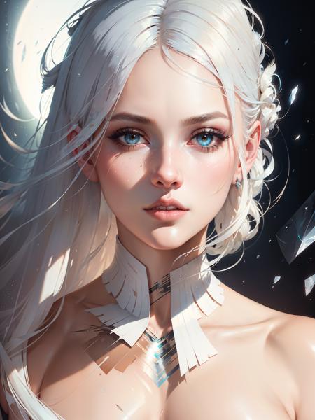 professional portrait , abstract beauty, approaching perfection, delicate face, dynamic,white hair, moonlight, highly detailed, digital painting, artstation, concept art, smooth, sharp focus, illustration, art by Carne Griffiths and Wadim Kashin