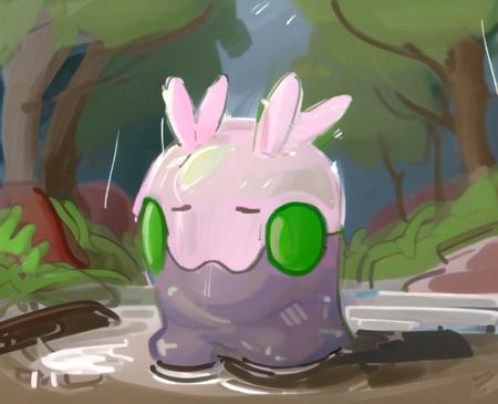 goomy, solo, closed mouth, closed eyes, standing, forest, outdoors, water, rain, puddle, sketch