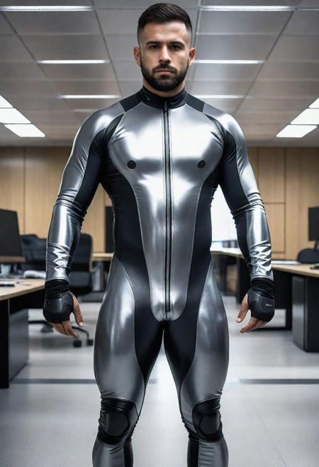 a 28-year-old spanish powerlifter male, with short undercut hair, glazed face, mindless expression, wearing a skin tight latex jockstrap over his cybernetic suit, wearing a skin tight gray latex cybernetic suit with dark-gray latex details, standing at attention posture, inside a modern futuristic office, looking to the camera, detailed face, Cinematic, Photoshoot, Shot on 25mm lens, Depth of Field, Tilt Blur, Shutter Speed 1/1000, F/22, White Balance, 32k, Super-Resolution, Pro Photo RGB, Half rear Lighting, Backlight, Dramatic Lighting, Incandescent, Soft Lighting, Volumetric, Conte-Jour, Global Illumination, Screen Space Global Illumination, Scattering, Shadows, Rough, Shimmering, Lumen Reflections, Screen Space Reflections, Diffraction Grading, Chromatic Aberration, GB Displacement, Scan Lines, Ambient Occlusion, Anti-Aliasing, FKAA, TXAA, RTX, SSAO, OpenGL-Shader s, Post Processing, Post-Production, Cell Shading, Tone Mapping, CGI, VFX, SFX, insanely detailed and intricate, hyper maximalist, elegant, dynamic pose, photography, volumetric, ultra-detailed, intricate details, super detailed, ambient