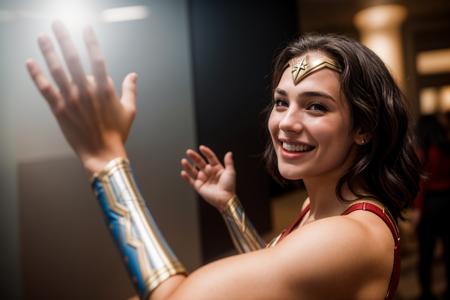 DC movies,photo of a 18 year old girl,wonder woman,high five,happy,laughing,ray tracing,detail shadow,shot on Fujifilm X-T4,85mm f1.2,sharp focus,depth of field,blurry background,bokeh,motion blur,<lora:add_detail:1>,