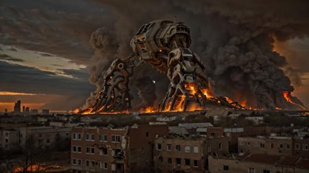 apocalyptic, broken humanoid cybernetic organism (exoskeleton) standing (massive gun in hands) in ruins of an old big city in fire after battle, landscape, 8k, uhd, iso, raw, dslr, hdr, ultrarealistic, hyperrealistic, photorealistic, photorealism, high detailed, high resolution, high quality, best quality, masterpiece, sharp focus, cinematic shot, dramatic lighting, perfect distance, <lora:SDXLrender_v2.0:0.5>