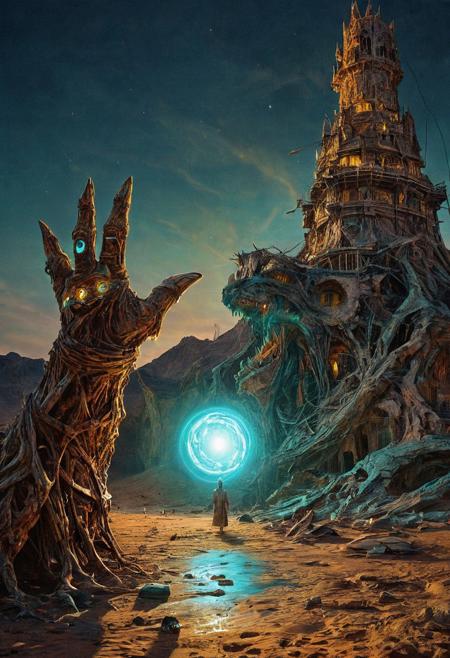 appears trapped in an optical illusion of reflections and refractions. Illustration of a tower in a desert, intricate details, an undead wizard with glowing turquois eyes wearing robes that are Chestnut and ChocolateBrown with an intricate pattern of  	RubberDuckyYellow lightening motif have the wizards hands spread out with energy glowing around his hands that are the same color as his glowing eyes also have the mouth open and the face of the undead wizard look very decayed but still have some flesh medium grain, FRESHIDESH Moebius comic book