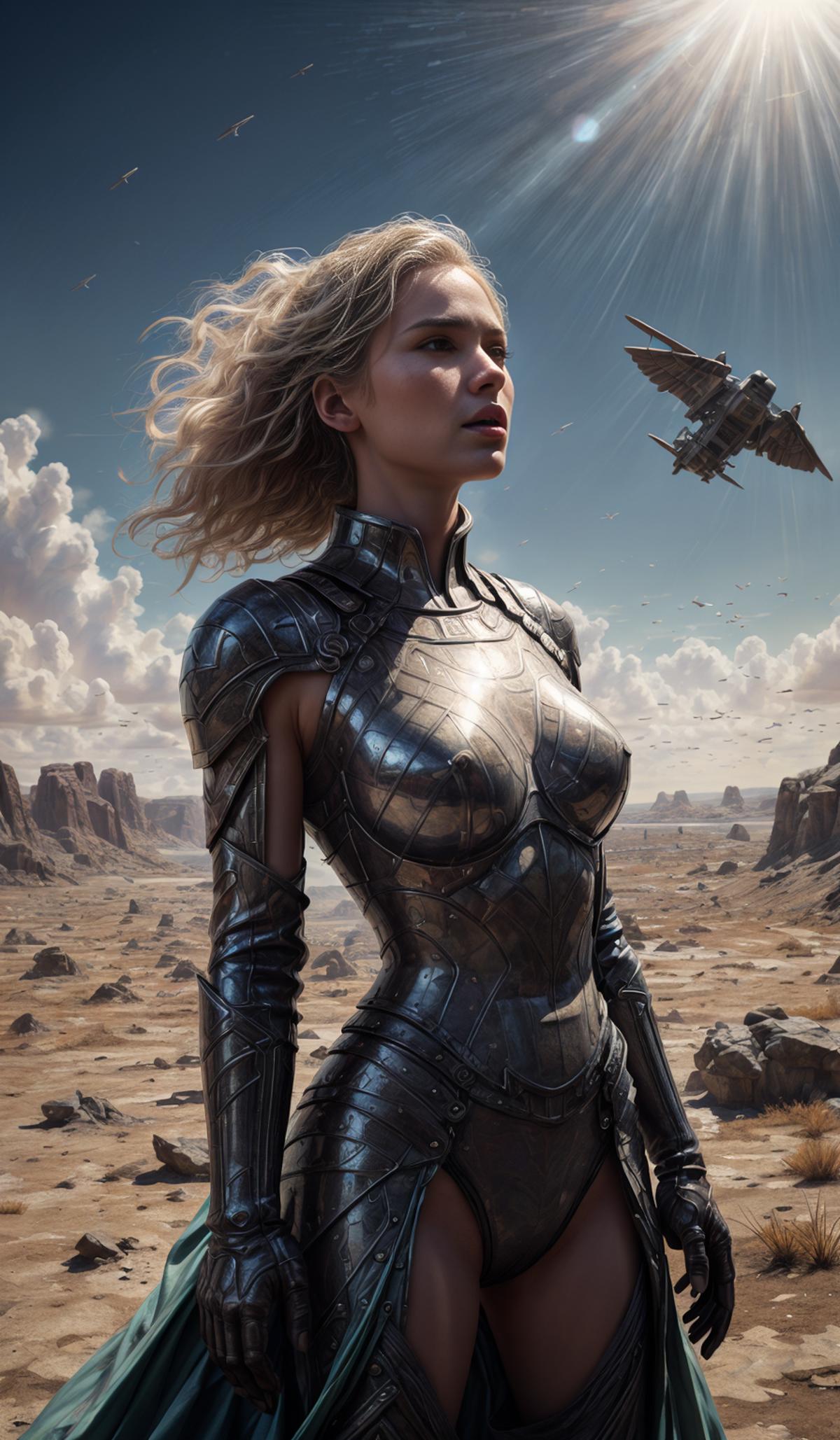A woman in a silver armor standing in a desert landscape with an airplane in the background.