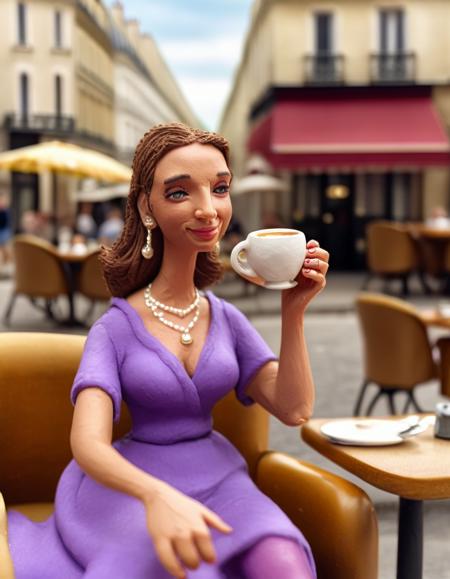 clayanim, miniature, on a french cafe in Paris, close-up prortait of a beautiful woman sitting and drinking a hot coffe, smiling, wearing a purple dress, looking at viewer, DOF, sharp focus, summer day