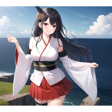 ((masterpiece)),(best quality),official art,extremely detailed CG,unity 8k wallpaper,ultra detailed,A lighthouse on a cliff by the sea,1girl,solo,cowboy shot,detached_sleeves,black_hair,red_eyes,long_hair,japanese_clothes,tabi,nontraditional_miko,wide_sleeves,red_skirt,white_socks,geta,hair_ornament,red_hakama,pleated_skirt,smile,breasts,hakama_short_skirt,hakama_skirt,thigh_strap,<lora:Fusou(kan)>,