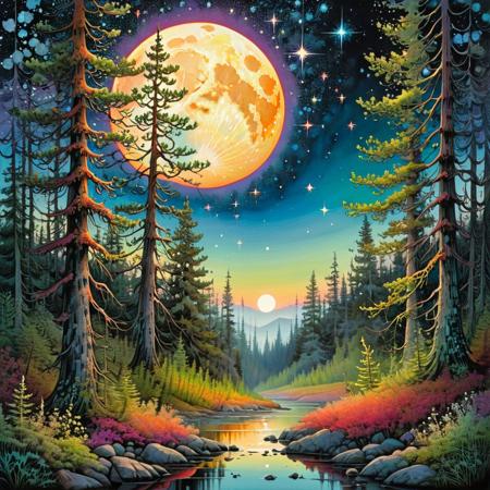 Zentangle extreme effect, landscape with Variegated splashes of color,
big full moon, Northern coniferous forest, silence of calm air, bright stars in the sky, 
fantastical surrealism by Daniel Merriam, Joe Fenton,
ral-cnvctncrnts  <lora:ral-cnvctncrnts:0.25>, 
painted world <lora:Painted World:0.5>, 
fractalvines  <lora:Fractal_Vines:0.6>
