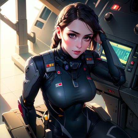 masterpiece, best quality, detailed lips, detailed face, detailed skin, 1girl, bodysuit, pilot suit, braid, single braid, long hair, cockpit, from above, mecha, pilot, sitting