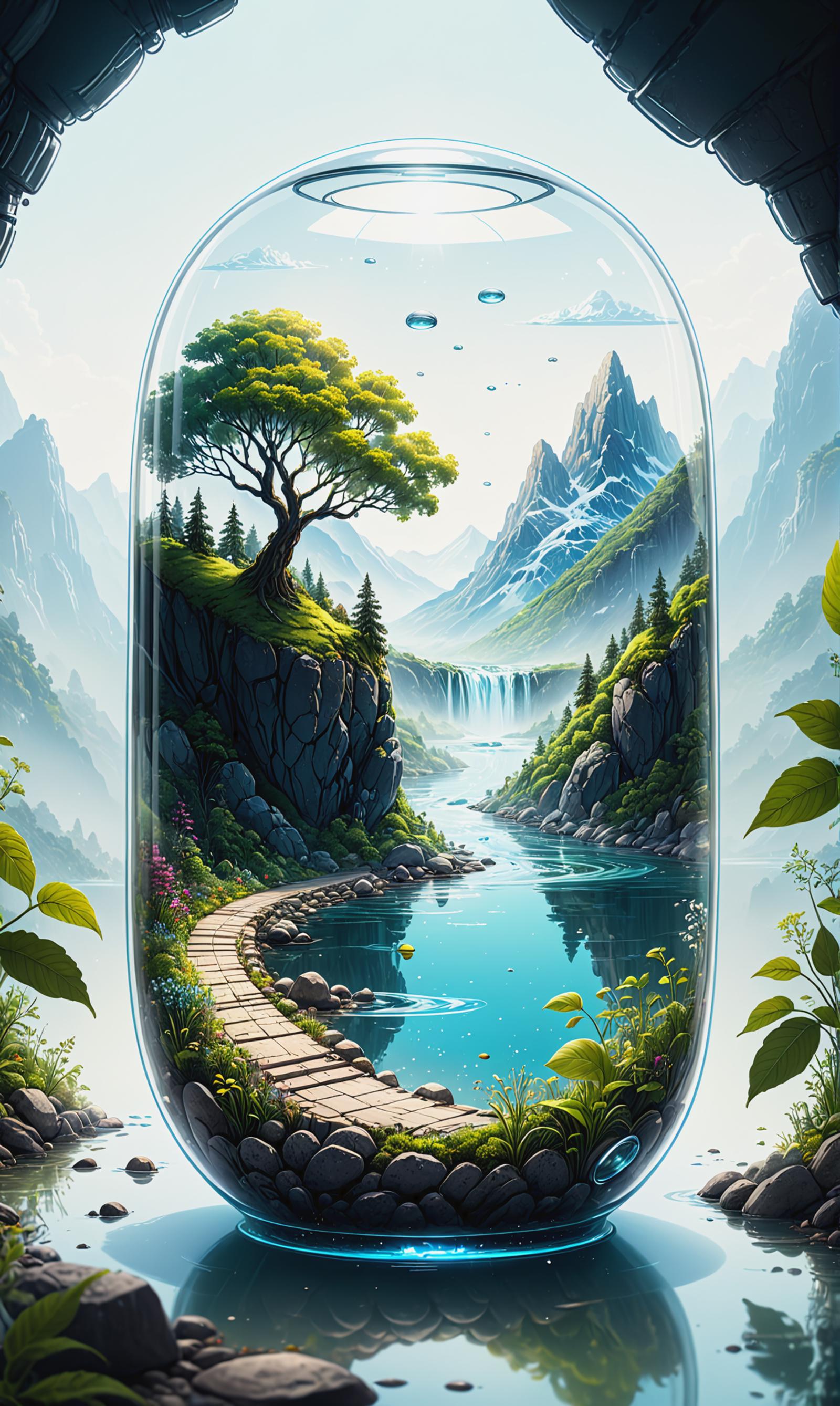 A Vivid Landscape Painting Inside a Glass Bottle