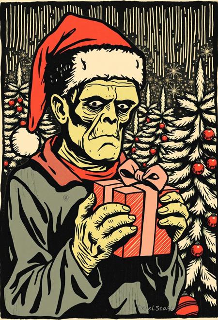 Woodblock print of Frankenstein's monster wearing a Santa hat and holding a Christmas present in front of decorated Christmas trees. Looking at viewer. woodcut. linocut