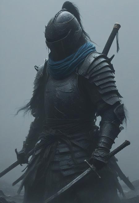 A silhouette of a samurai warrior emerges in the darkness, shrouded in an eerie, fog-covered battlefield. His form is barely visible, a shadow of menace cutting through the thick haze. The once-vibrant colors are now washed out, leaving behind only a ghostly, pale spectrum of whites and grays. The weathered kabuto helmet, with its fading blue scarf, is an ominous shape, obscuring his face completely, making him appear faceless and more terrifying. His katana, though still gleaming faintly, is swallowed by the dark, reflecting only brief glints of light as if from a distant, dying star.
The warrior's white armor is no longer detailed, reduced to a silhouette, jagged and sharp against the backdrop of the gloomy battlefield. The flowing haori, once black, now blends into the swirling mists. There is no contrast, only the suffocating presence of darkness. His sandals, once visible beneath his armor, are lost in the shadows, giving the impression that he hovers above the ground like a wraith.
The atmosphere is thick, the air heavy with dread, and the swirling fog feels alive, twisting violently in a storm of barely-contained chaos. The once vibrant scene now bleeds emotion, fear, and an unsettling quiet. The deep blacks and grays paint a scene of despair and isolation, as if the warrior is a phantom, ready to strike but never fully seen.