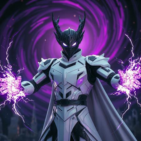 A cinematic portrait of Dragonox, the Empowered Warrior in a dynamic battle stance: arms outstretched, crackling energy arcs radiating from his palms. Clad in a sleek white armored suit with black geometric accents and a matte-black mask featuring glowing white eyes that pierce through shadows. Set against the Dream Mirror of Joy—a swirling vortex of deep purple and inky black hues, dotted with distant blurred silhouettes and faint golden runes. Hyper-detailed textures: polished armor plates, smoldering energy trails, and ethereal cloak fabric. Stylized with Final Fantasy grandeur and Cyberpunk 2077 neon aesthetics. Rendered in Unreal Engine 5 realism, Octane Render gloss, and Dutch angle composition. Color palette: stark white armor, neon purple energy, and void-like blacks. Background features volumetric fog and celestial debris. Trending on ArtStation, 8K HDR, golden ratio framing. Tags: futuristic warrior, dynamic energy, hyperrealistic lighting, cinematic depth-of-field