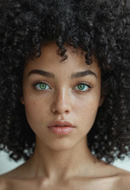 Close-up portrait of a stunning young woman of mixed race, with large emerald green eyes, voluminous natural black curly Afro hair, soft freckles, sensual full lips and smooth, flawless skin. Photo model quality. She looks directly at the camera with a calm, confident expression, neutral pose. Natural light, shallow depth of field, dreamy cinematic atmosphere, hyper-realistic details, soft background, sharp facial features, professional beauty photography style.