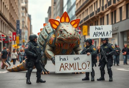 In a bustling city street, a large, highly detailed “armadillo” stands proudly. This  creation features vibrant colors, intricate designs, and advanced-looking holographic effects, making it look surprisingly sophisticated for its medium.
In front of this whimsical spectacle, a well-equipped SWAT team, dressed in full tactical gear, is engaged in a heated discussion. One member of the team, holding a comically oversized magnifying glass, scrutinizes the armadillo with a puzzled expression. Another team member, with a stern face, holds up a sign that reads: “hai un Arma? Dillo!”