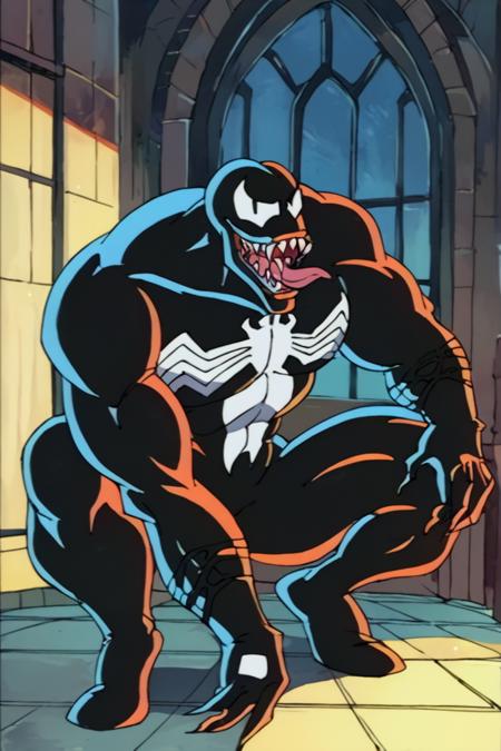venom, 1boy, solo, male focus, muscular male, monster boy, black skin, symbiote, open mouth, teeth, sharp teeth, tongue, tongue out,