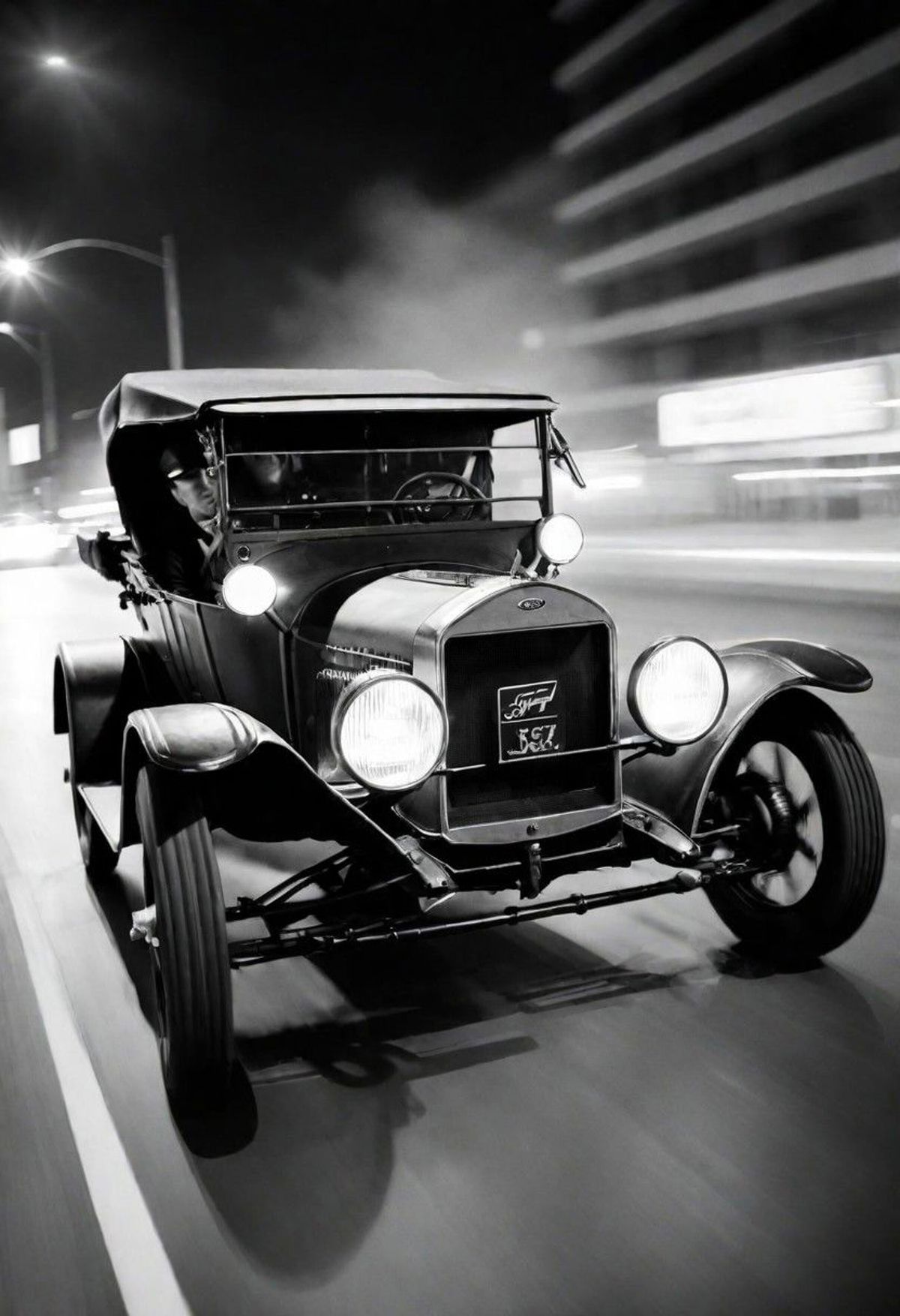 A vintage car with a man driving down a city street at night.