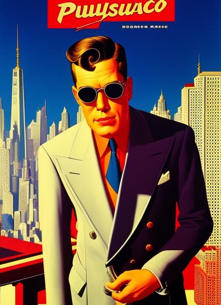 An half body symmetrical portrait of a classy man wearing sunglasses and suit with a city in the background, 80's, retro,serious, art by [rzvice-15] and [jc leyendecker,] masterpiece,, best quality,4k, pop art