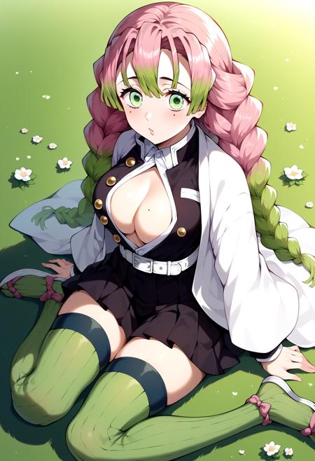 aamitsuri, long hair, braid, multicolored hair, green eyes, mole under eye, large breasts, japanese clothes, cleavage, white jacket, haori, black shirt, open clothes, belt, pleated skirt, black skirt, green thighhighs, ribbed legwear