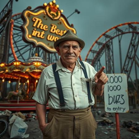score_9, score_8_up, score_7_up, a decadent amusement park, dirty, trash, dust,  a giant HORRIBLE ruined roller coster with a large sign with lights with the text "The Best in the world", some light bulbs burned out, carousel with broken horses
An elderly man with a wrinkled, semi-bald face with a grimace, squinting eyes, wearing suspenders, shorts, and a dirty white shirt, mustard and ketchup stain,  gangster hat, pointing at a sign with the text "1000 buzz to entry"