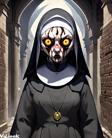 Stylized anime artwork, (valek\(the nun\)), creepy nun, white eyes, greasy skin, defiled, unclean, unholy, evil, possessed, digital painting, anime studio, masterpiece, Best quality, high detail, subsurface scattering <lora:SDXL_Creepy_Nun:1.0>