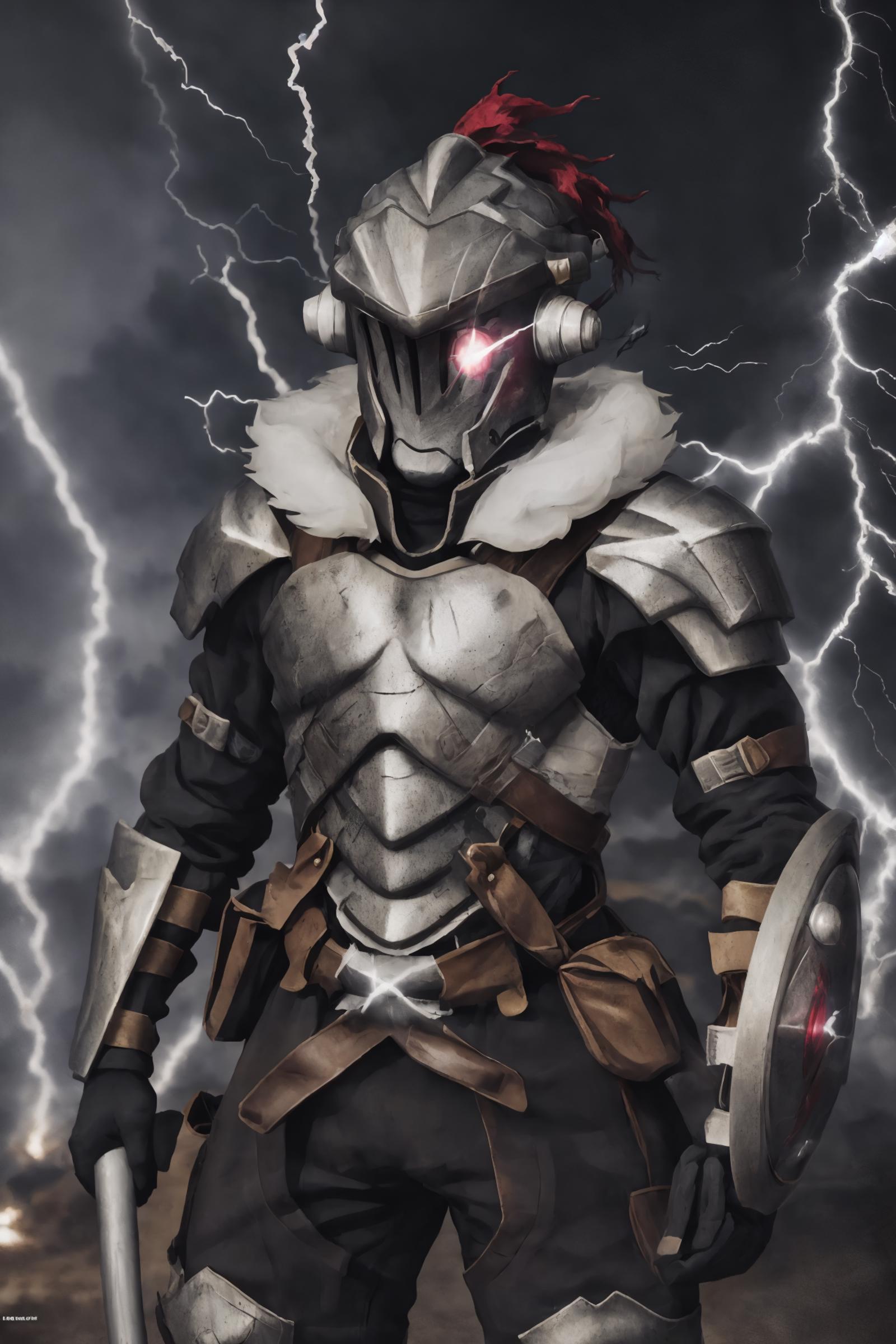 A warrior with a shield and sword, wearing a metal suit and a helmet.