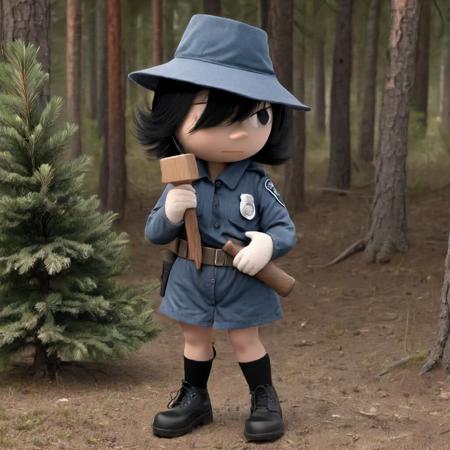 greyscale, black hair, knee pads, holding wand, crossover, hat flower, shoes, pine tree, sandwich, ^_^, policewoman, wooden bucket, crossed arms, holding knife <lora:Moomin-000004:1>