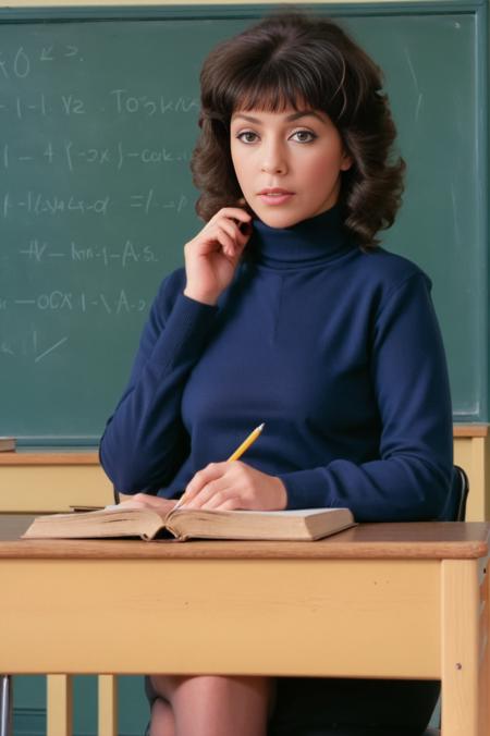 Hyperrealistic art of Photorealism <lora:VinaAsikiSDXL-000008:1>, 40 yo VinaAsikiSDXL  in turtlneck teacher clothes, sitting on teacher's desk in a  classroom, 80's aesthetics, Photorealism, often for highly detailed representation, photographic accuracy, or visual illusion., Extremely high-resolution details, photographic, realism pushed to extreme, fine texture, incredibly lifelike