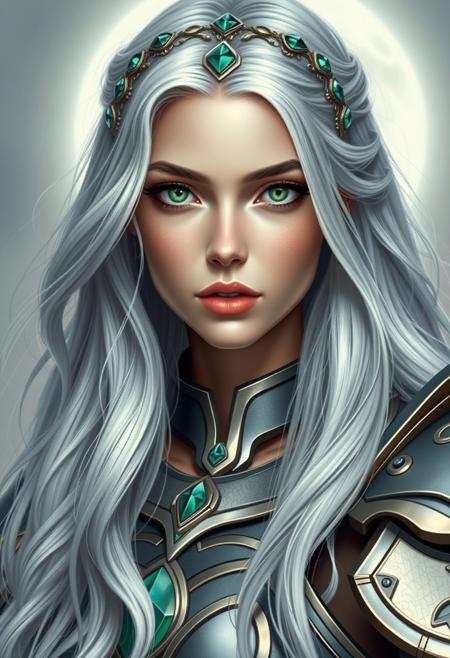 A 20-year-old female goddess with long, flowing silver hair resembling moonlit cascades, adorned with a delicate, gemstone-encrusted circlet, her elegant face showcasing a serene yet powerful visage, with profound, piercing emerald eyes that seem to hold the wisdom of the ages. Her features, a masterful blend of classical Greek and Norse inspirations, exude an aura of intelligence, confidence, and unyielding strength, tempered by a deep sense of compassion and wisdom. She wears an intricately crafted, modernized suit of armor, a mesmerizing fusion of ancient,