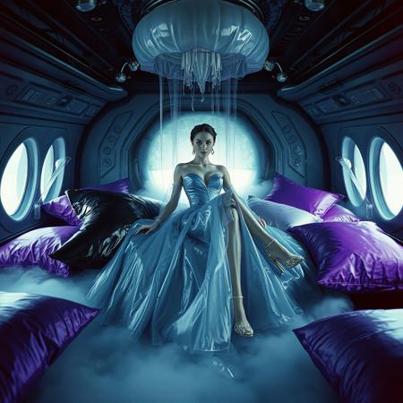 A poised and elegant slender lady, reclinet at giant glossy black foil pillow locked  in a sleek, floor-length transparent liquid slime  weird ball gown, full skirt made of a  giant glossy transparent jellyfish, complete with crystal-encrusted high heels, transparent slime cloak, is situated within a spaceship boudoir cabin, surrounded by weird foil purple pillows, fog from the floor, giant jelly clamshell canopy, horror, space, aliens, slime curtains, encased, entrapped Cinematic film still, shot on v-raptor XL, film grain, vignette, color graded, post-processed, cinematic lighting, 35mm film, live-action, best quality, atmospheric, a masterpiece, epic, stunning, dramatic