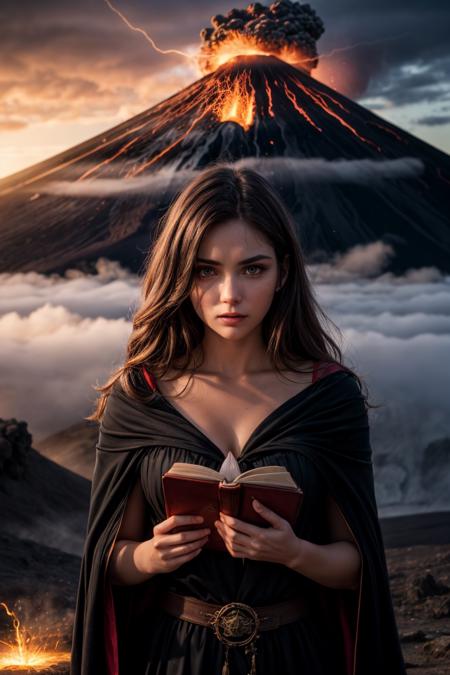 dystopianx style,photo of a 20 y.o girl,   looking at viewer, solo, upper body, detailed background, detailed face, (renaissance theme:1.1) evil summoner, tattered dark purple magical robes, determined expression, crimson color scheme, dark crimson light, summoning circle,   evil book, dark atmosphere, shadows, realistic lighting, floating particles, sparks, surrounded by blue lightning <lora:LightingVFX:0.1>,   (thick melting candles:0.8), yellow arcane symbols, corrupted by eldritch power, power-hungry eyes, bloom,, sunset, sunlight, light rays, outside, mountains on the background, waterfall, (fog:1.3), (volcano:1.3), high detailed skin,skin pores,overcast weather,8k uhd,dslr,soft lighting,high quality,film grain,Fujifilm XT3,  <lora:add_detail:1>