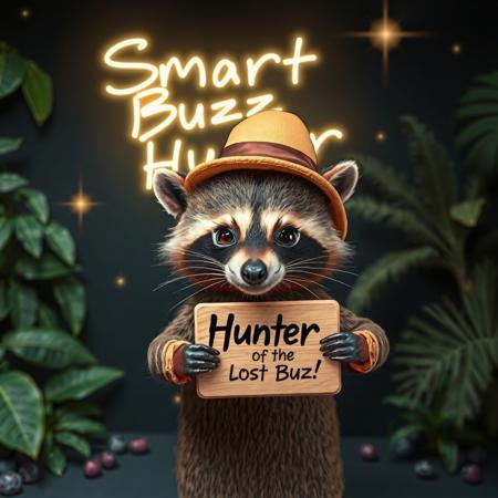 masterpiece, intricate photo realistic photo, cute racoon wearing hat holding a small beige wooden plate on which is written "Hunter of the lost Buzz!", background jungle, stars, galaxies, nebulae, in the sky is written in neon letters "Smart Buzz Hunter", as realistic as possible, hyper realistic, highly detailed, sharp focus,dark art, gothic art, cyberpunk style, best quality, high resolution, colorful, vibrant colors, studio lighting, 8K
