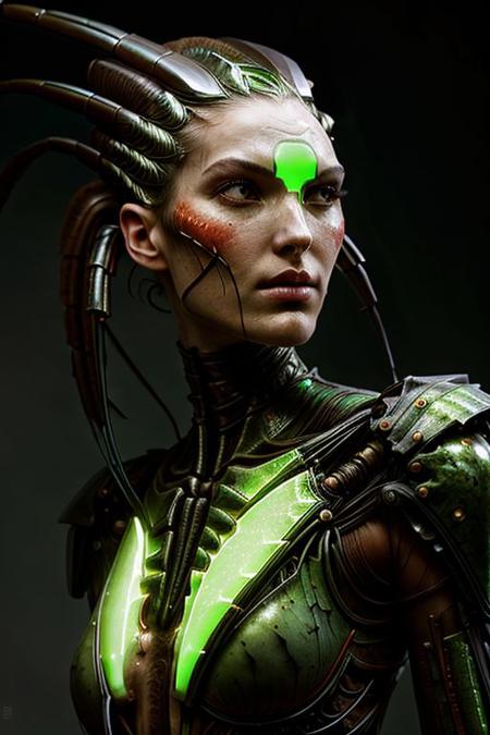 portrait of dark crab female person (long neck, slender arms)) massive headdress, bio armor, (luminescen green glowing) floating particles, insect textures, scifi