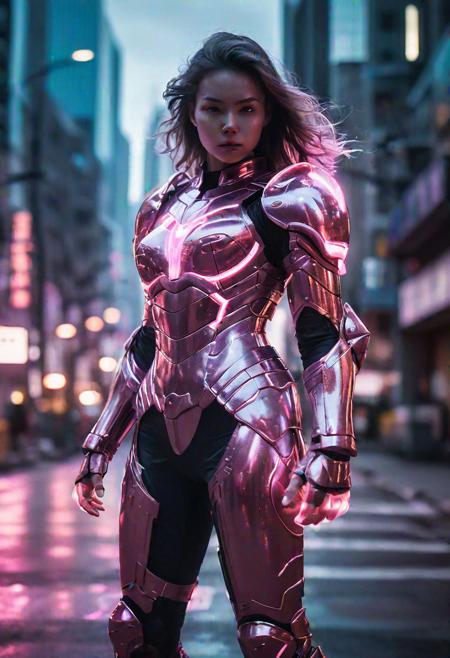 by night woman wearing translucent glowing pink glass armor, holographique armor, standing on a futuristic city street, fighting pose, dramatic light, cinematic grain, electric aura around her, hkstyle, ultra instinct, aura, no weapon, energy sparks