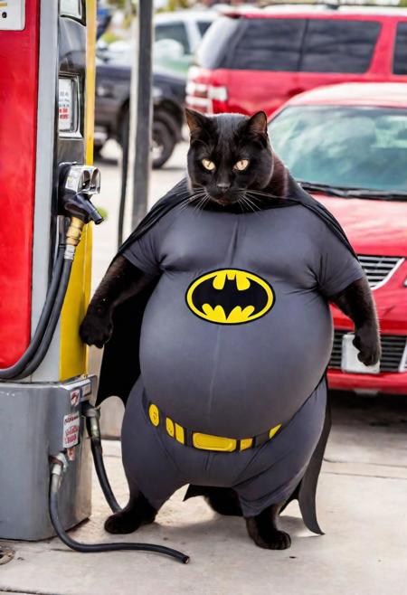 Photo of obese cat putting gas into a car, dressed as batman, gas station