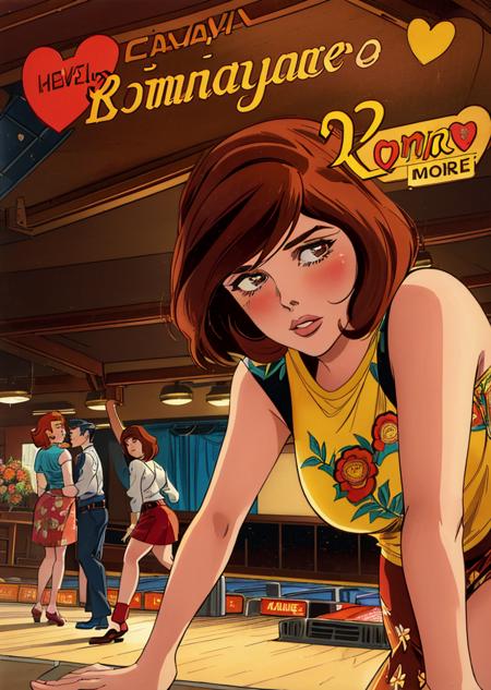 romance_comics_cover, Katharine Hepburn with bob, and wide fabric headbands in brown earthy tones and floral prints, The Bowling Alley: Step into a dimly lit bowling alley with lanes lined with wooden benches and a jukebox playing classic rock tunes Bowlers aim for the perfect strike as the pins crash and reset, dramatic lighting, dramatic perspective, <lora:romance_comics_cover:1.3>