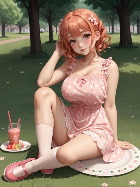 cute red-blond gradient [weavy:curly] hair side bangs freckless short (busty:1.3) petite girl, solo, (huge sagging breasts), slutty makeup, one piece pink polka dot white floral midi dress with lace inserts, lace nylon under knee socks, pumps shoes, had a picnic on the grass in a town park, sushi and fruit plates, glass of juice