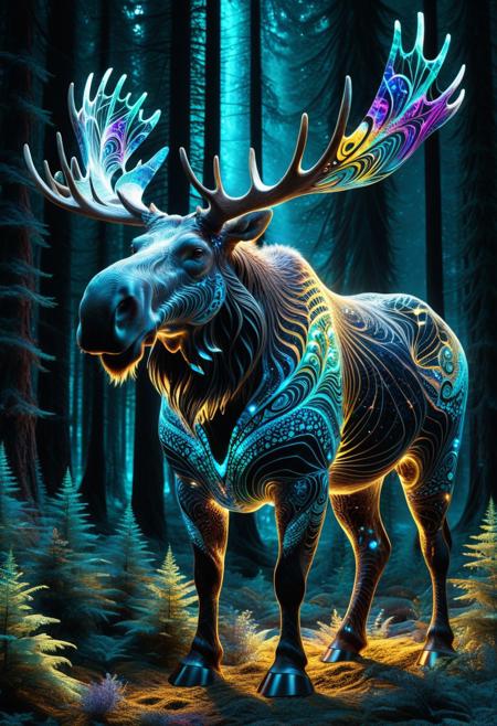 massive moose, covered in glowing fractal patterns, fur made of geometric crystal shapes, bioluminescent vines wrapped around its body, ancient forest background, mystical aura, powerful and majestic stance, surreal creature design, cinematic lighting, ultra-detailed fur texture, fantasy creature concept art, glowing eyes, 8k resolution, epic atmosphere, god-like presence, fractangles